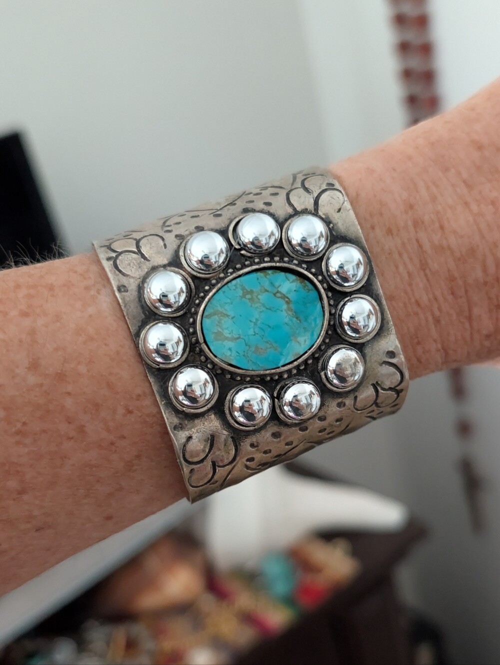 Genuine Turquoise Stone Silver Mexican artisan Cuff - Picture 2 of 6